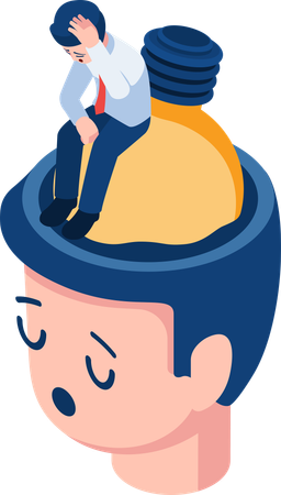 Businessman Sitting on Sinking Light Bulb Inside Head  Illustration