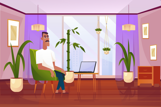 Businessman sitting on sofa with laptop in office  Illustration