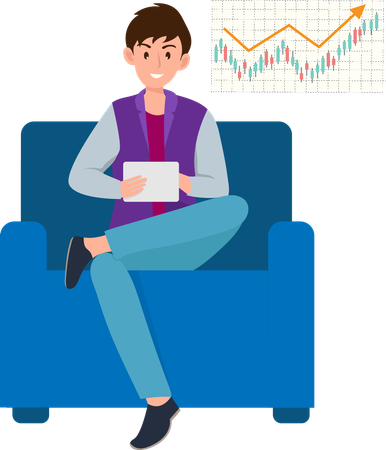 Businessman sitting on sofa with tablet playing stock market and growth graph  Illustration