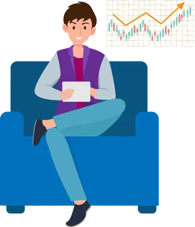 Businessman sitting on sofa with tablet playing stock market and growth graph  Illustration
