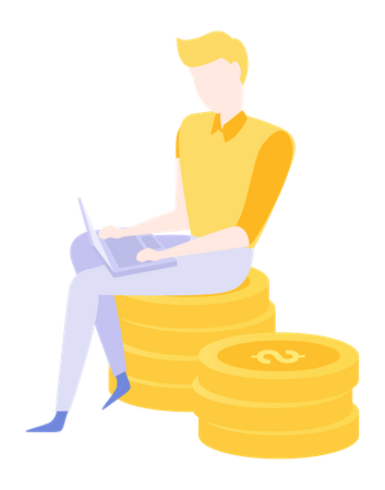 Businessman sitting on stack of gold coins with laptop Illustration