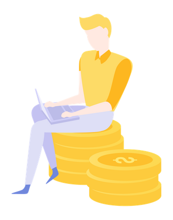 Businessman sitting on stack of gold coins with laptop  Illustration