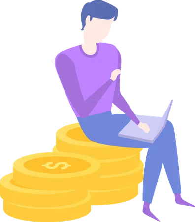 Businessman sitting on stack of gold coins with laptop  Illustration