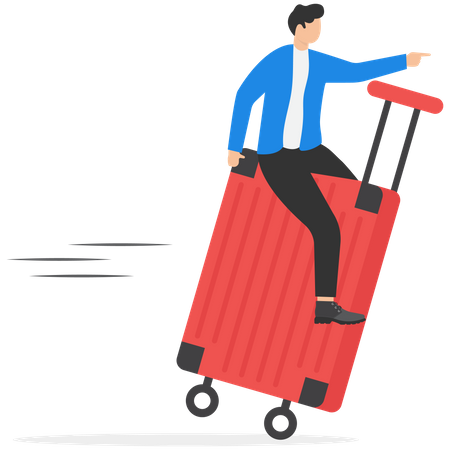 Businessman sitting on suitcase and riding in terminal airport  Illustration