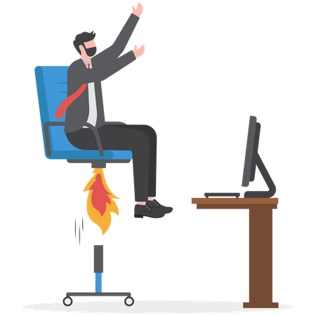 Businessman sitting on take off office chair with jetpack or rocket booster  Illustration