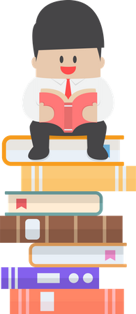 Businessman sitting on the stack of book and read it Illustration