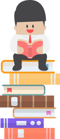 Businessman sitting on the stack of book and read it  Illustration