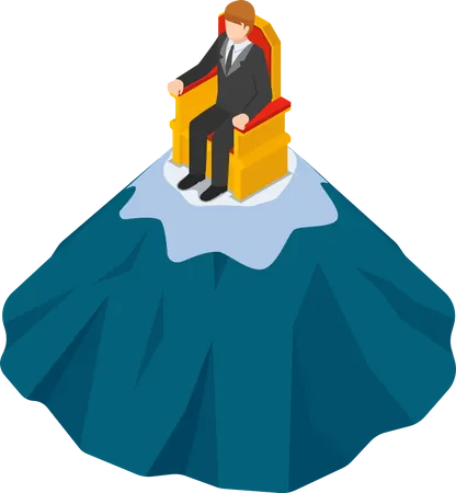 Flat 3 D Isometric Businessman Sitting On The Throne At Top Of Mountain Business Success And Leadership Concept Illustration