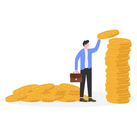 Businessman sitting on top of stacked gold coins  Illustration