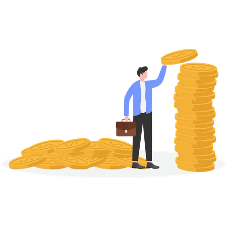 Businessman sitting on top of stacked gold coins  Illustration