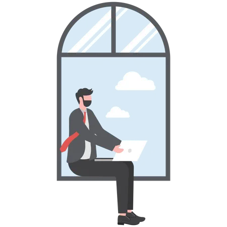 Businessman sitting on window and doing work  Illustration