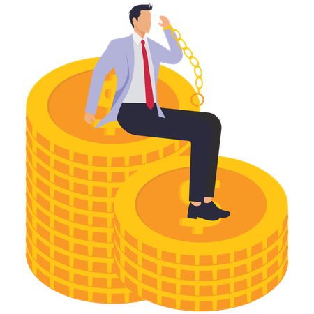 Businessman sitting with his hands cuffed on pile of gold coins  Illustration