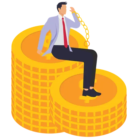 Businessman sitting with his hands cuffed on pile of gold coins  Illustration