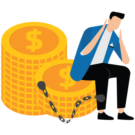 Businessman sitting with his hands cuffed on pile of gold coins  Illustration