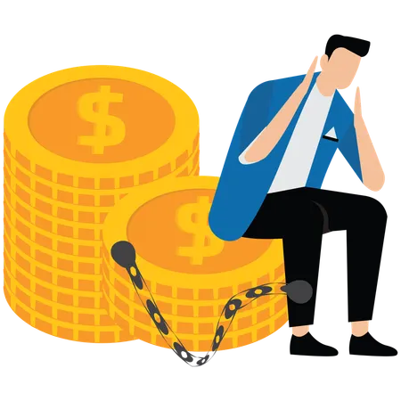 Businessman sitting with his hands cuffed on pile of gold coins  Illustration