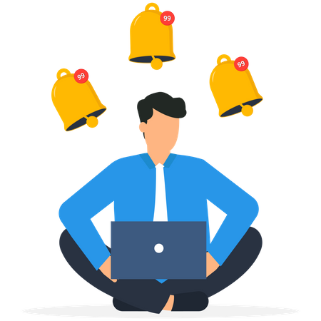 Businessman sitting with laptop and ringing bell notifications  Illustration