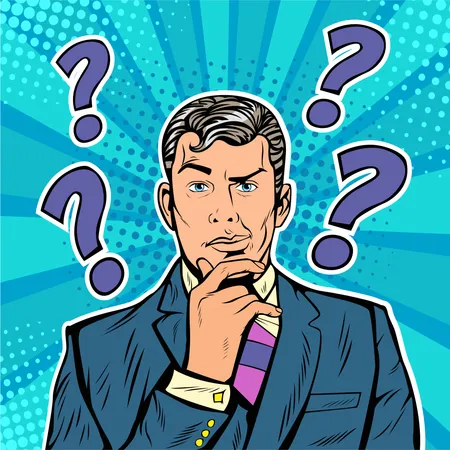 Businessman skeptical facial expressions face with question marks upon his head. Pop art retro vector illustration in comic style Illustration