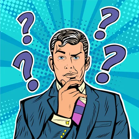 Businessman skeptical facial expressions face with question marks upon his head. Pop art retro vector illustration in comic style  Illustration