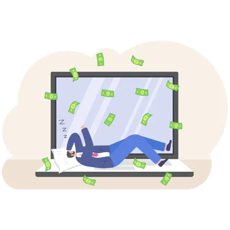 Businessman Sleep With His Laptop Showing Growing Bar Chart Vector Illustration Illustration