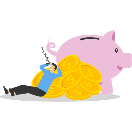 Businessman sleeping on a pile of coins and a piggy bank  Illustration