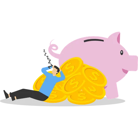 Businessman sleeping on a pile of coins and a piggy bank  Illustration