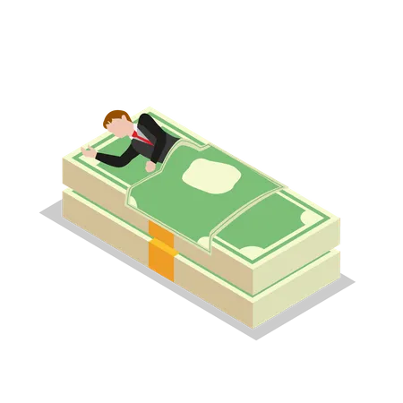 Businessman sleeping on cash bundles  Illustration