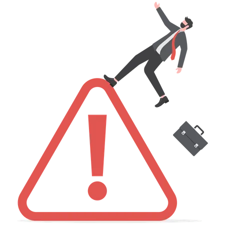 Mistake Caution Businessman Risk Or Problem Warning Failure Prevention Or Avoid Danger Concept Cautious Businessman Slip Falling On Exclamation Symbol Beware Careful Caution Sign Fail Vector Illustration