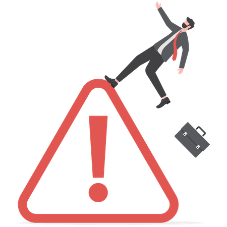 Businessman slip falling on exclamation symbol beware  Illustration