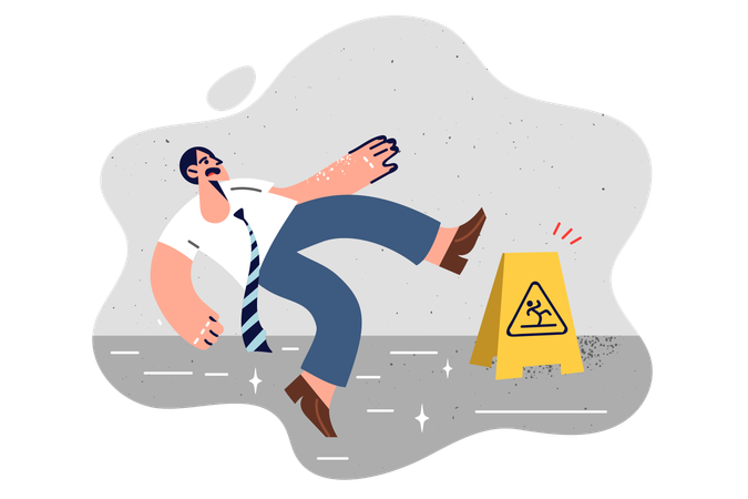 Businessman slipped and fell on wet office floor  イラスト
