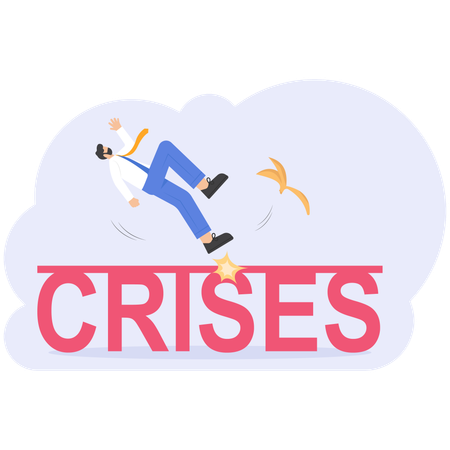 Businessman slippery on crises sign  Illustration