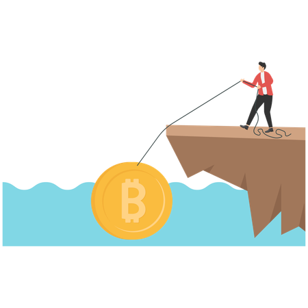 Businessman slowly pulling up bitcoin from under cliff  Illustration