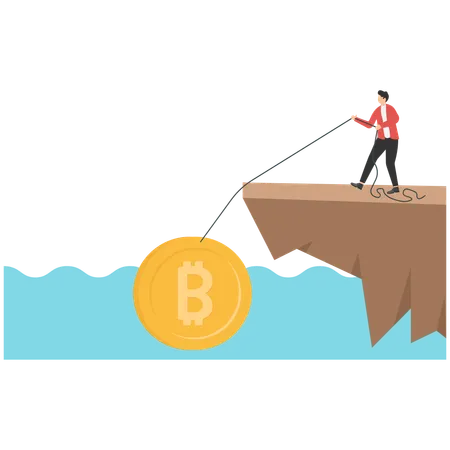 Businessman slowly pulling up bitcoin from under cliff  Illustration