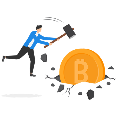 Businessman smashed a bitcoin into the ground and broke the surrounding area  イラスト