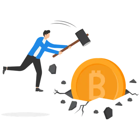 Businessman smashed a bitcoin into the ground and broke the surrounding area  Illustration