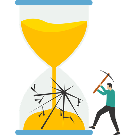 Businessman smashes hourglass using sledgehammer.  Illustration