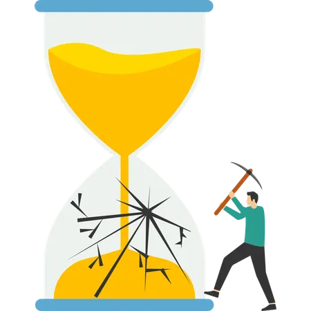 Businessman smashes hourglass using sledgehammer.  Illustration