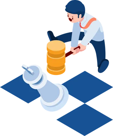 Flat 3 D Isometric Businessman Smashing King Chess By Hammer Business Competition And Strategy Concept Illustration