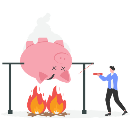 Businessman smelting savings in fire  Illustration