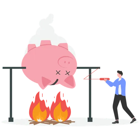 Businessman smelting savings in fire  Illustration