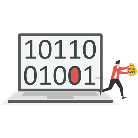 Businessman sneaking out and steal binary code  Illustration