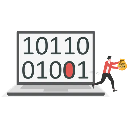 Businessman sneaking out and steal binary code  Illustration