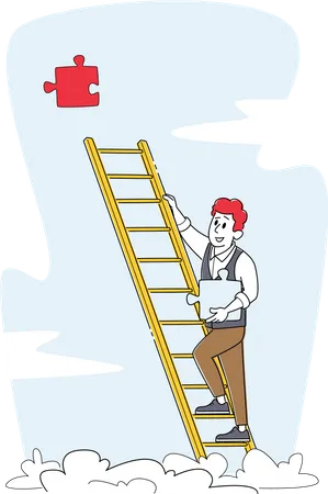 Businessman Character Climbing Ladder To Take Huge Missing Puzzle Piece For Task Solution And Problem Solving Jigsaw Construction Creativity Career Growth Concept Linear People Vector Illustration Illustration