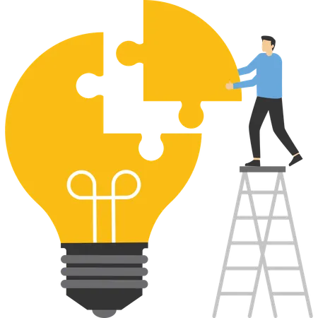 Office People Work Together Setting Up Huge Lightbulb Separated On Puzzle Pieces Standing On Ladders Businesspeople Teamwork Cartoon Flat Vector Illustration Illustration