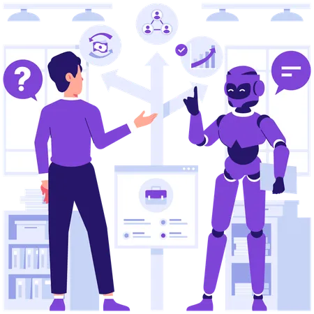 ロボットの質問を解くビジネスマン  イラスト