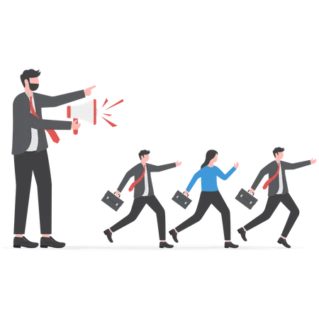 Motivate Employee Or Team To Move Forward To Achieve Target Inspire Or Guidance Coworkers To Reach Goal Motivation Or Encouragement Concept Businessman Boss Speak On Megaphone To Move Team Forward Illustration