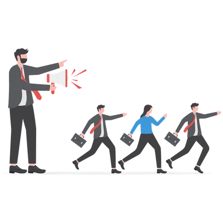 Businessman  speak on megaphone to move team forward.  Illustration