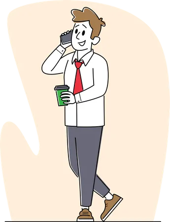 Office Worker Or Business Character Wear Fashioned Formal Suit Speaking By Smartphone With Coffee Cup In Hand Good Looking Adult Man With Phone Isolated On White Background Linear Vector Illustration Illustration