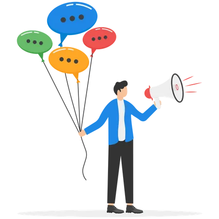 Businessman Holding Speech Bubble Balloons While Talking On Megaphone Communication And Media Public Relations To Communicate Company Information Announce Sales Or Promotion Illustration