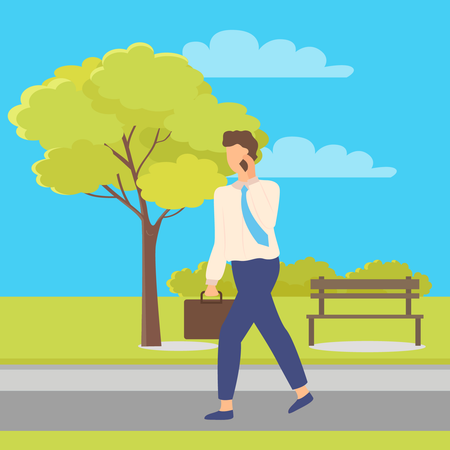 Businessman speaks by phone and walks in park  Illustration