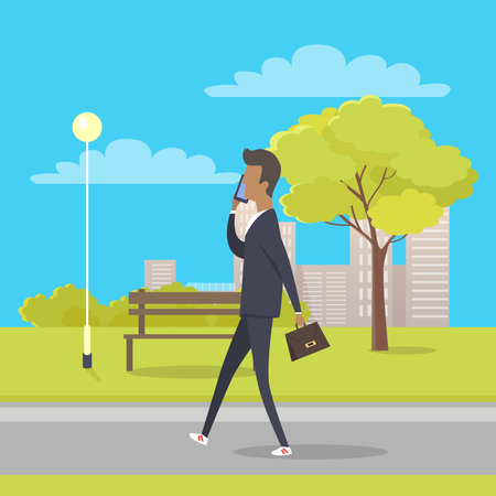 Businessman Speaks by Phone and Walks in Park  Illustration